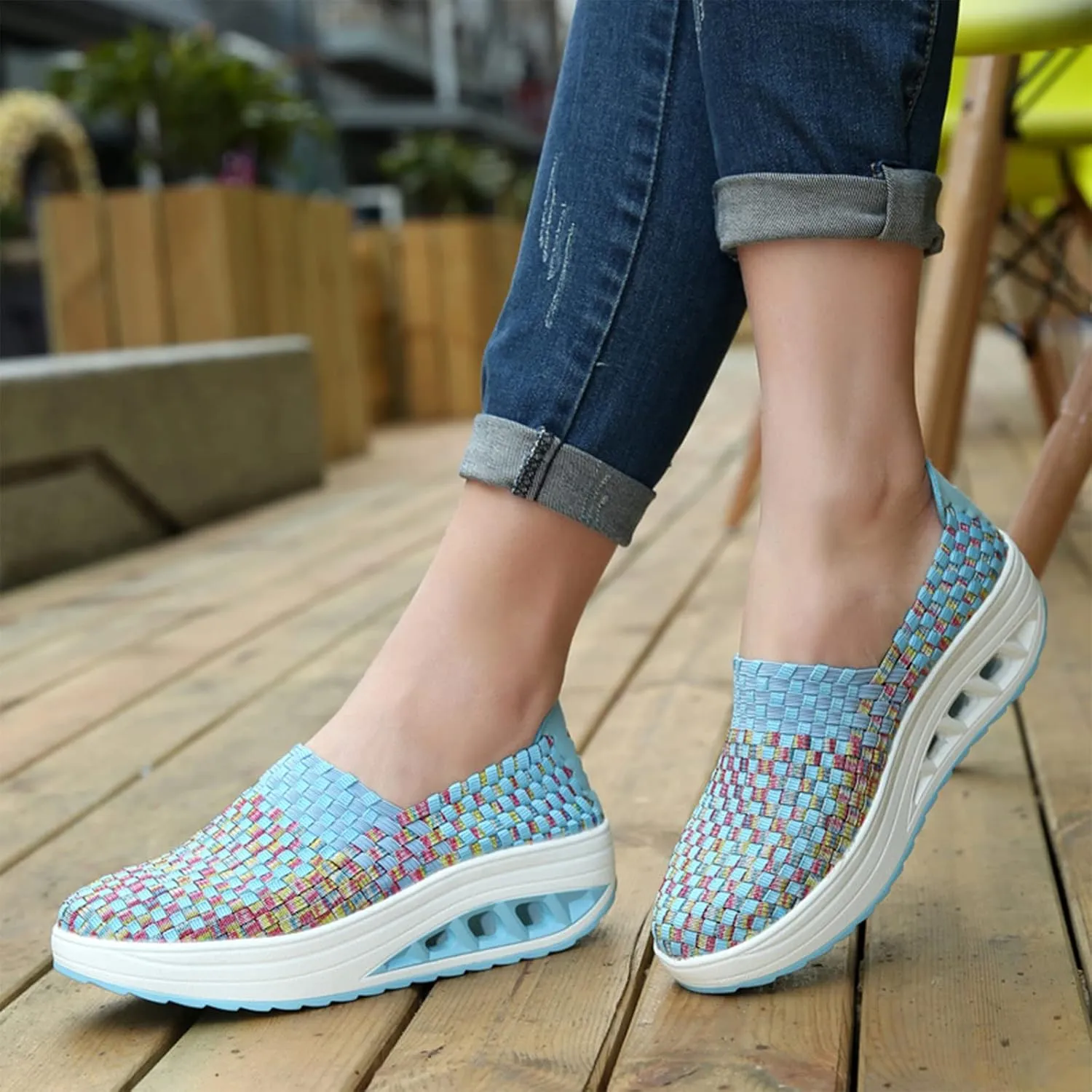 AngryMonkey Women Mesh Woven Breathable Slip On Orthopedic Walking Shoes,Arch Support Air Cushion Platform Sneakers Nursing Shoes Rocker Shoes