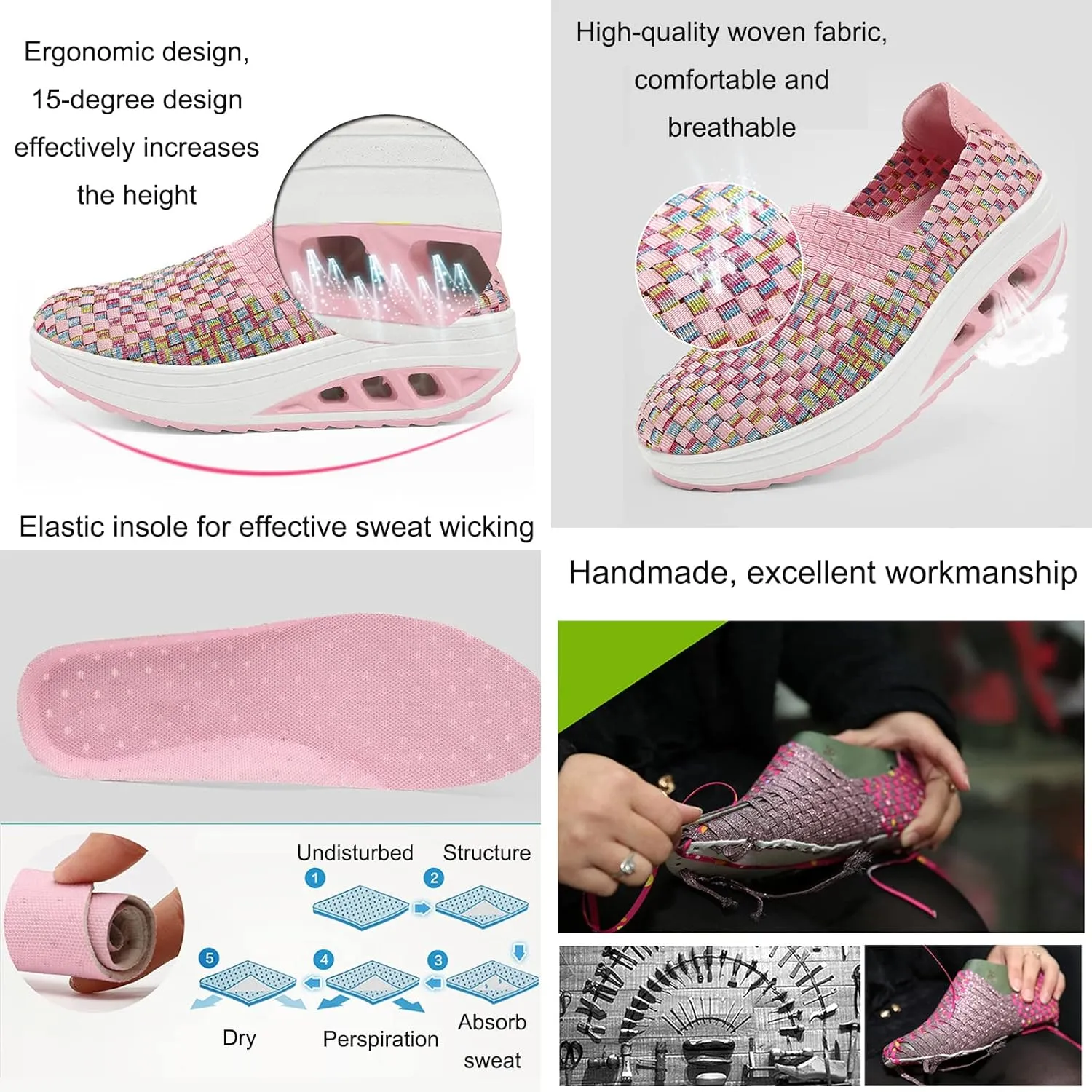 AngryMonkey Women Mesh Woven Breathable Slip On Orthopedic Walking Shoes,Arch Support Air Cushion Platform Sneakers Nursing Shoes Rocker Shoes