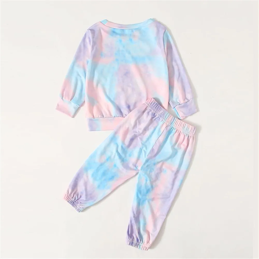 Baby Unisex Tie Dye Cartoon Printed Long Sleeve Top & Pants Bulk Baby Clothes For Sale