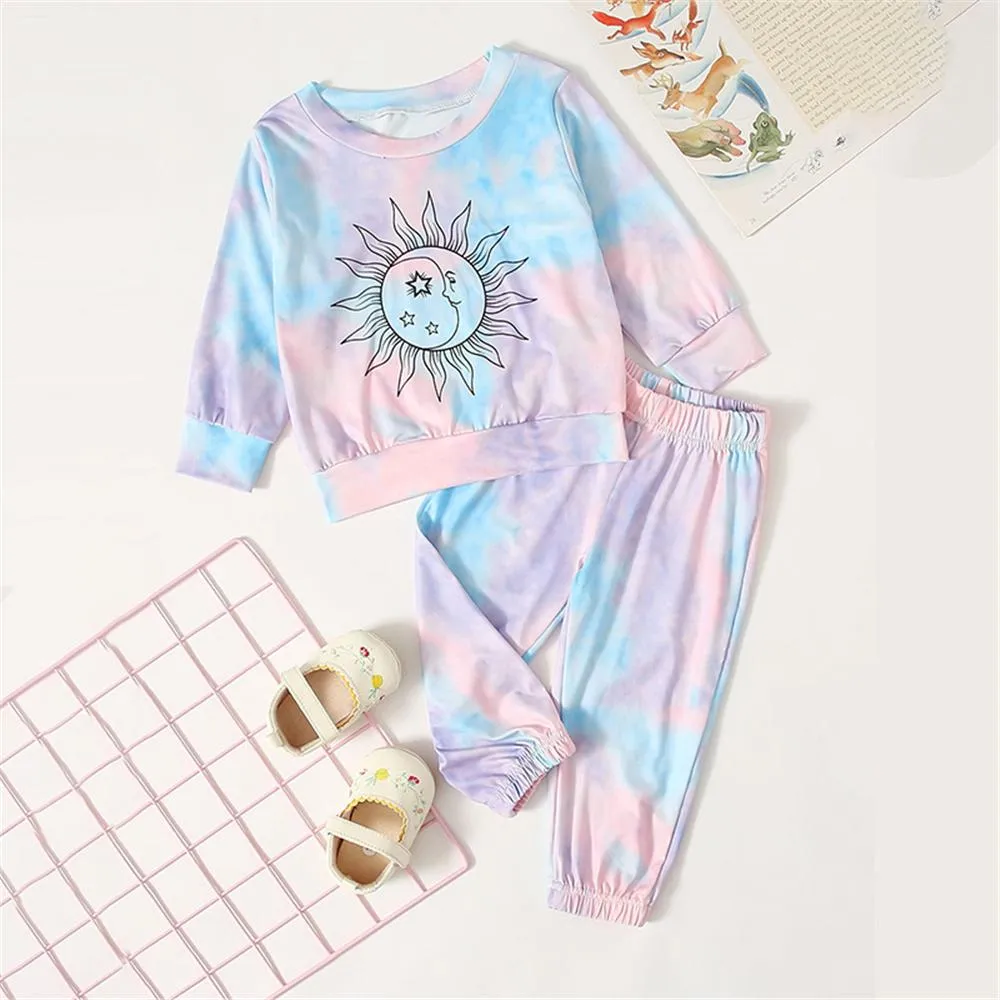Baby Unisex Tie Dye Cartoon Printed Long Sleeve Top & Pants Bulk Baby Clothes For Sale