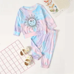 Baby Unisex Tie Dye Cartoon Printed Long Sleeve Top & Pants Bulk Baby Clothes For Sale