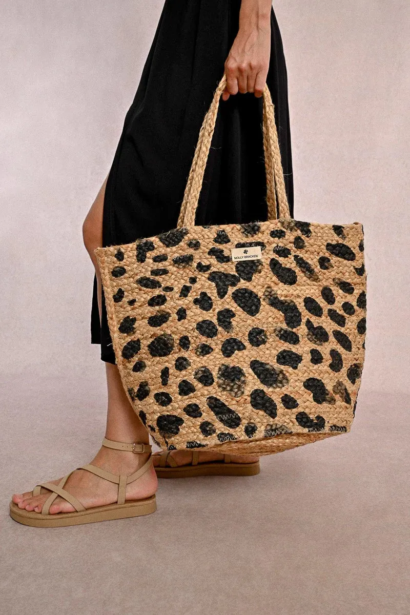 Black Animal Print Raffia Tote