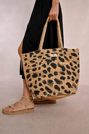 Black Animal Print Raffia Tote