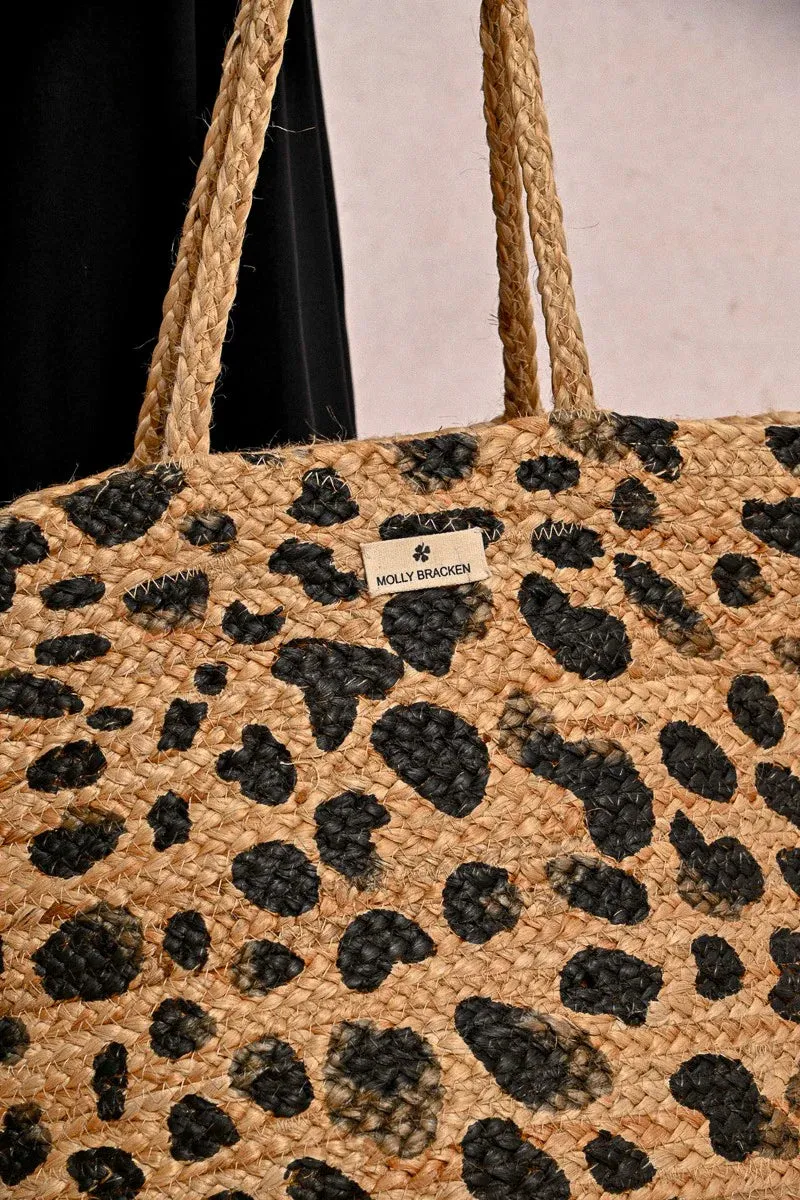 Black Animal Print Raffia Tote