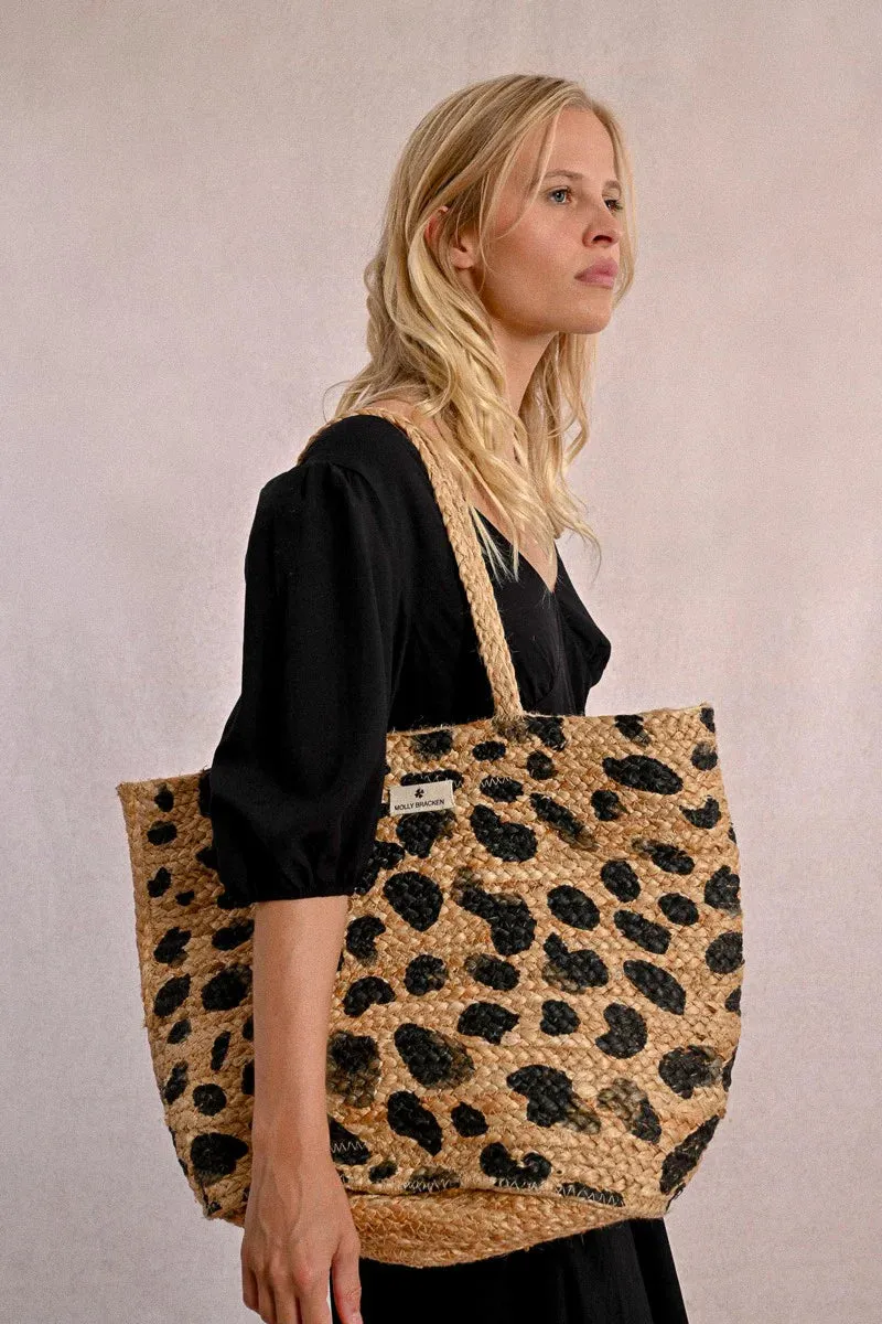 Black Animal Print Raffia Tote