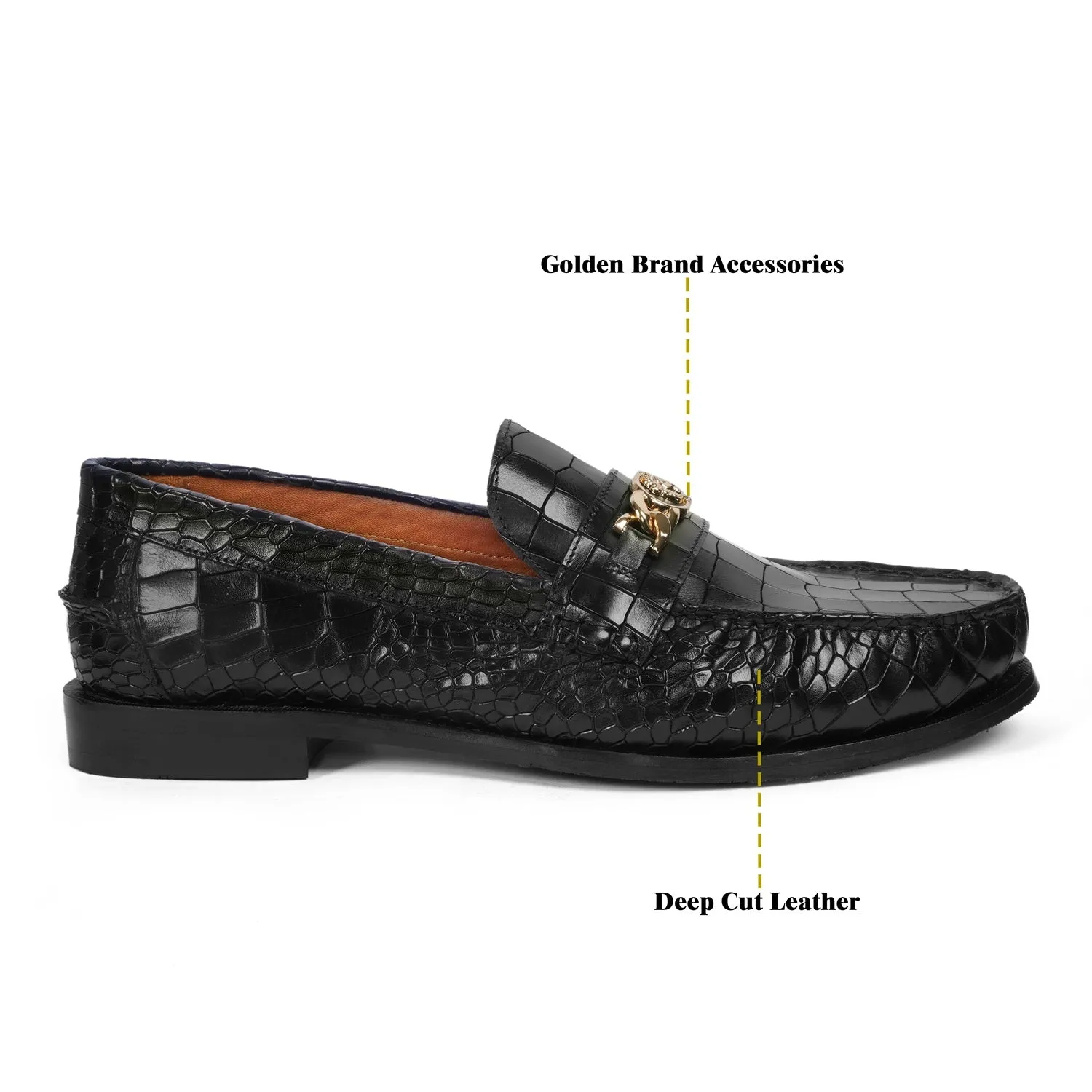Black Deep Cut Croco Moccasin Loafer with Chain Embellishment Trademark Lion Logo
