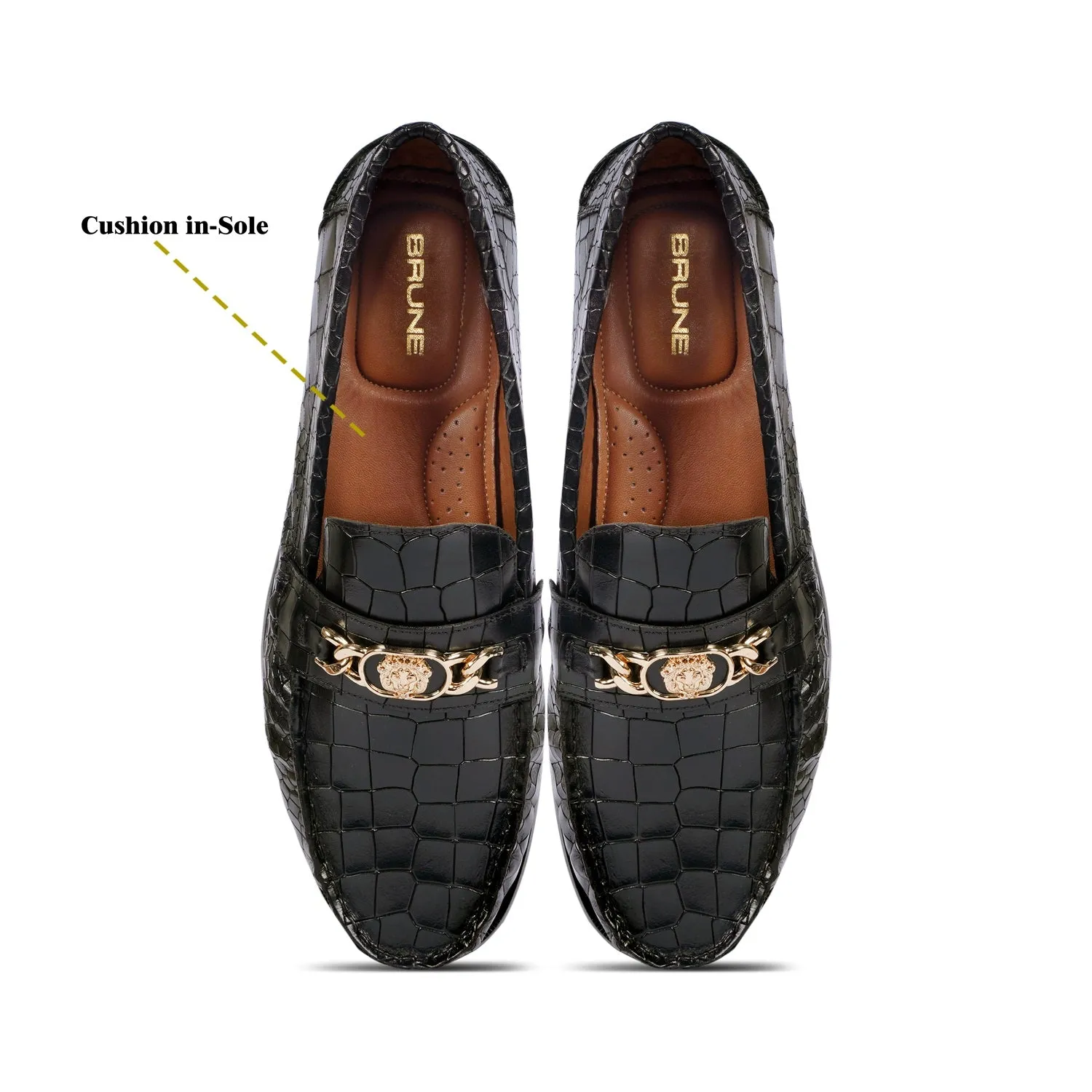 Black Deep Cut Croco Moccasin Loafer with Chain Embellishment Trademark Lion Logo