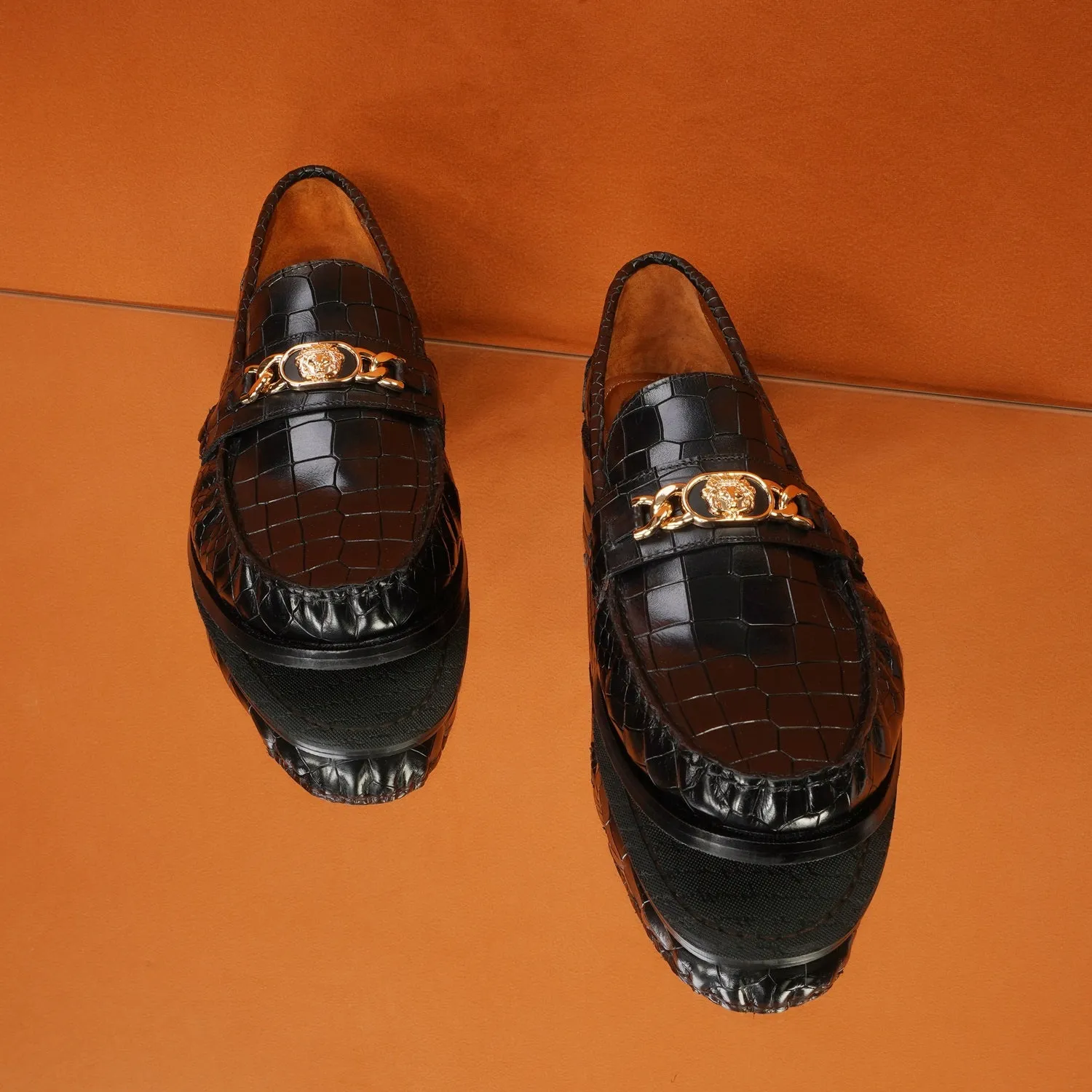 Black Deep Cut Croco Moccasin Loafer with Chain Embellishment Trademark Lion Logo