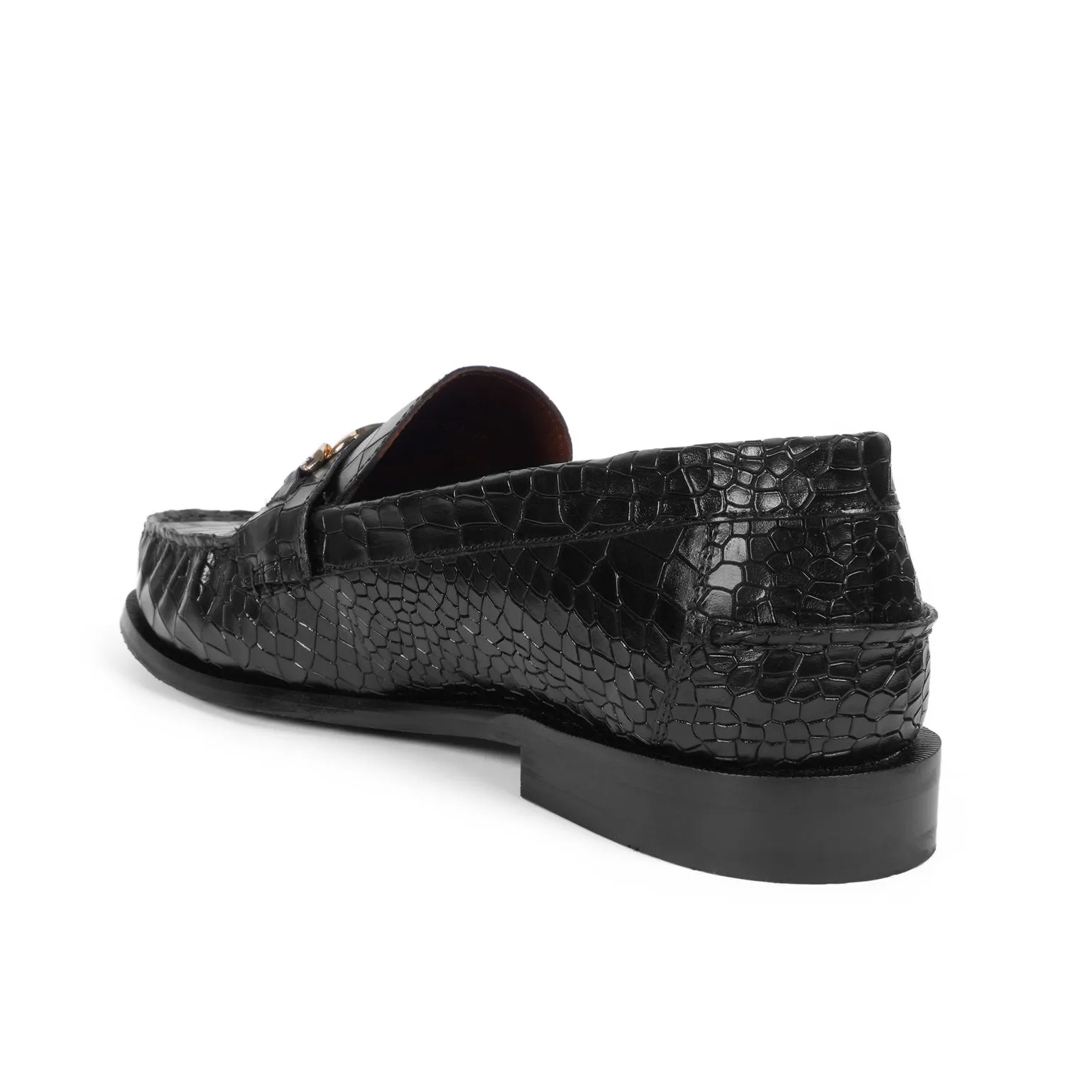 Black Deep Cut Croco Moccasin Loafer with Chain Embellishment Trademark Lion Logo