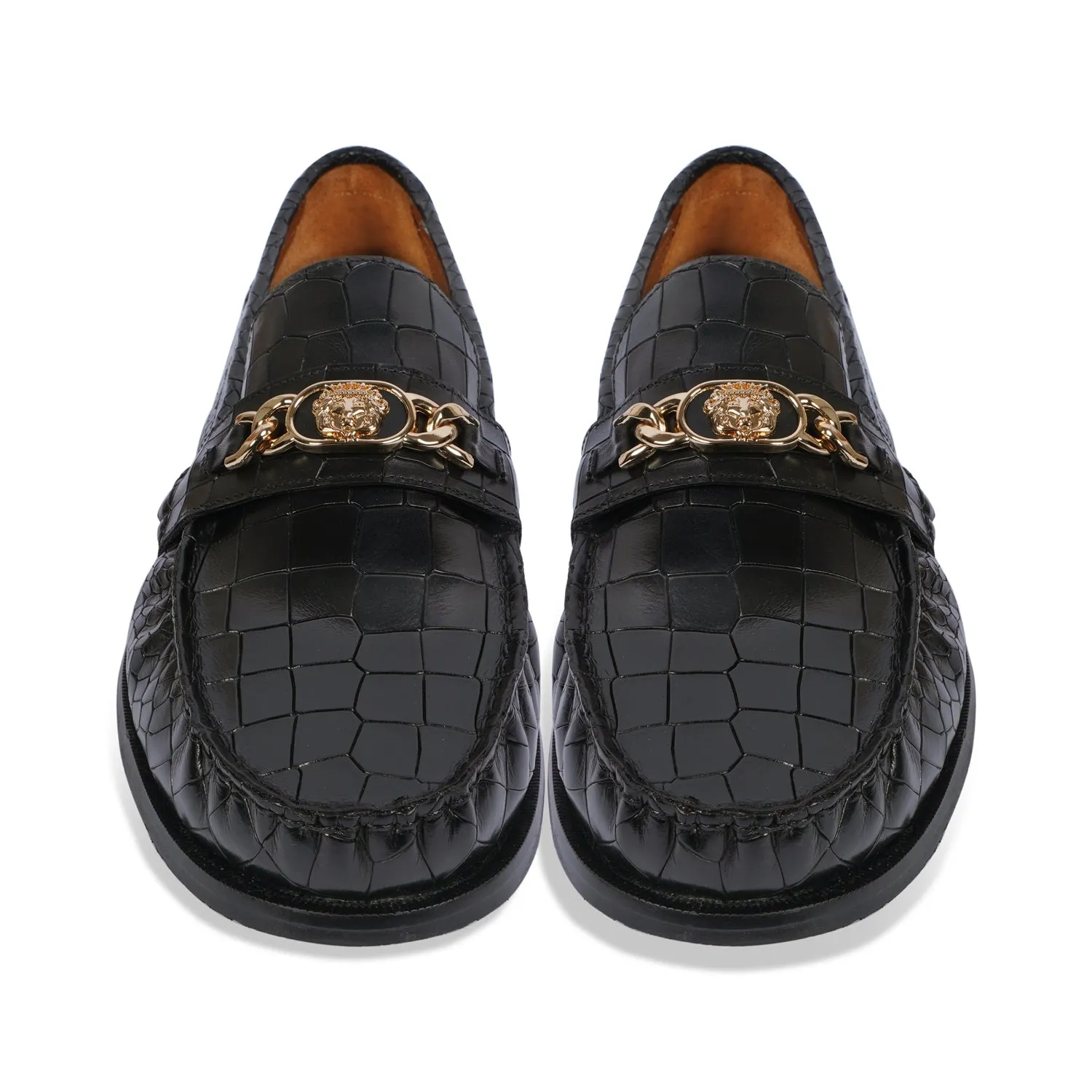 Black Deep Cut Croco Moccasin Loafer with Chain Embellishment Trademark Lion Logo
