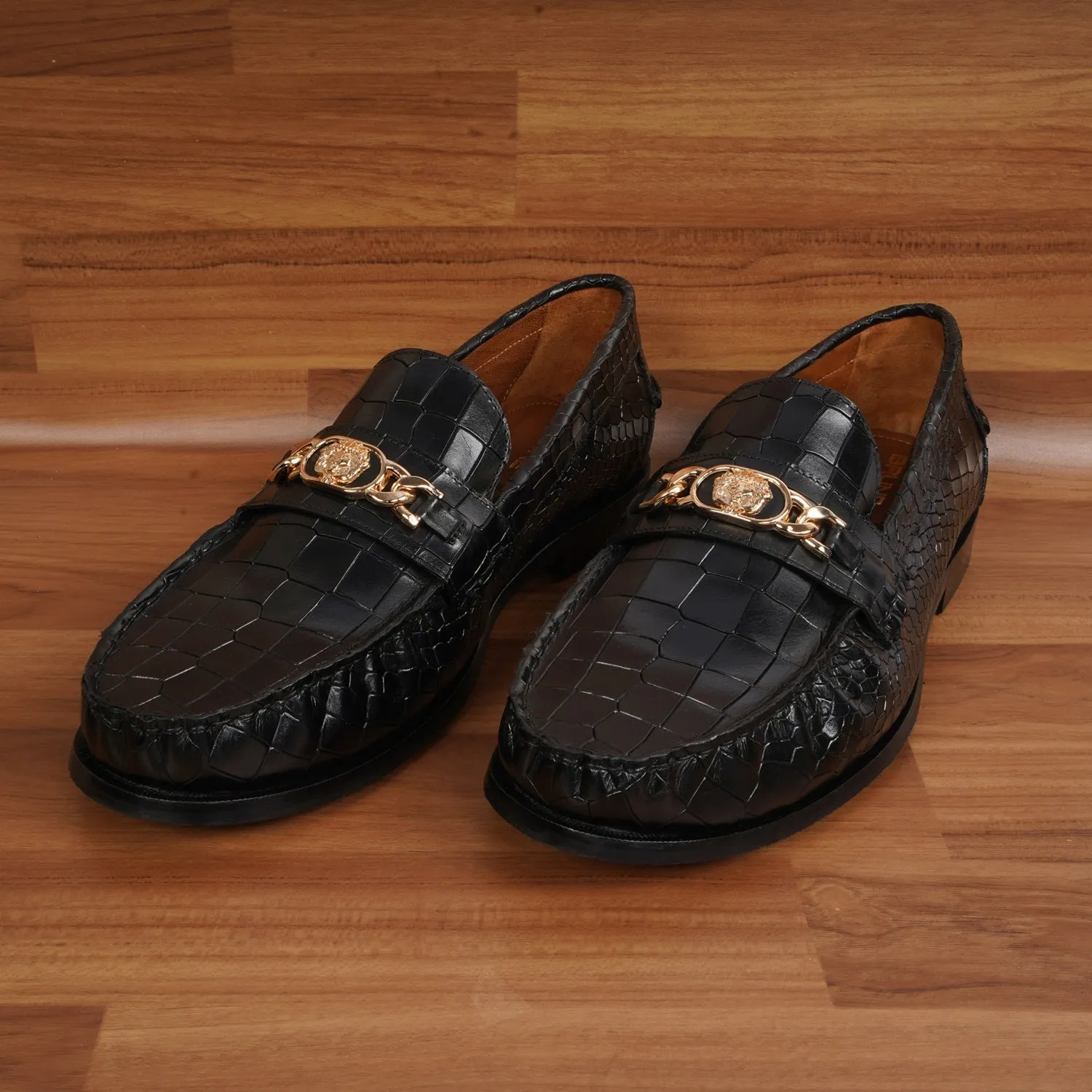 Black Deep Cut Croco Moccasin Loafer with Chain Embellishment Trademark Lion Logo