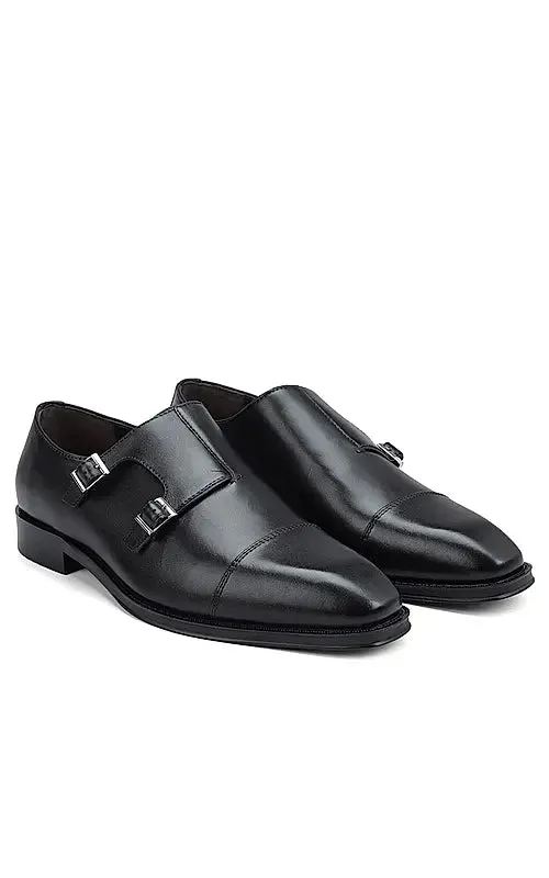 Black Plain Double Monk Strap Shoes