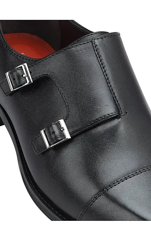 Black Plain Double Monk Strap Shoes