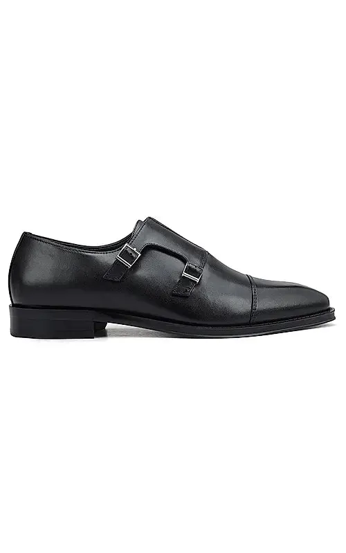 Black Plain Double Monk Strap Shoes