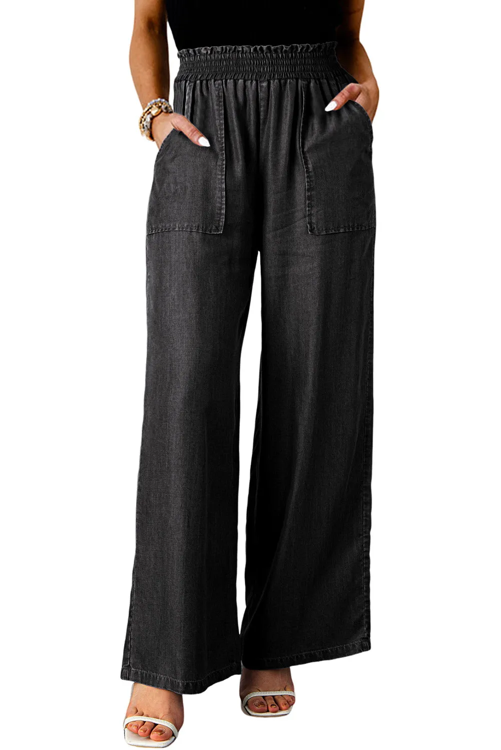 Black Smocked High Waist Wide Leg Jeans (online only)