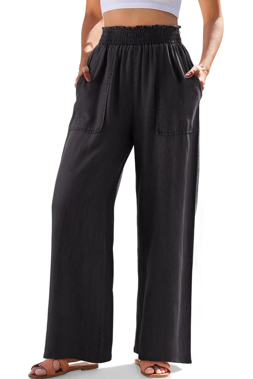Black Smocked High Waist Wide Leg Jeans (online only)