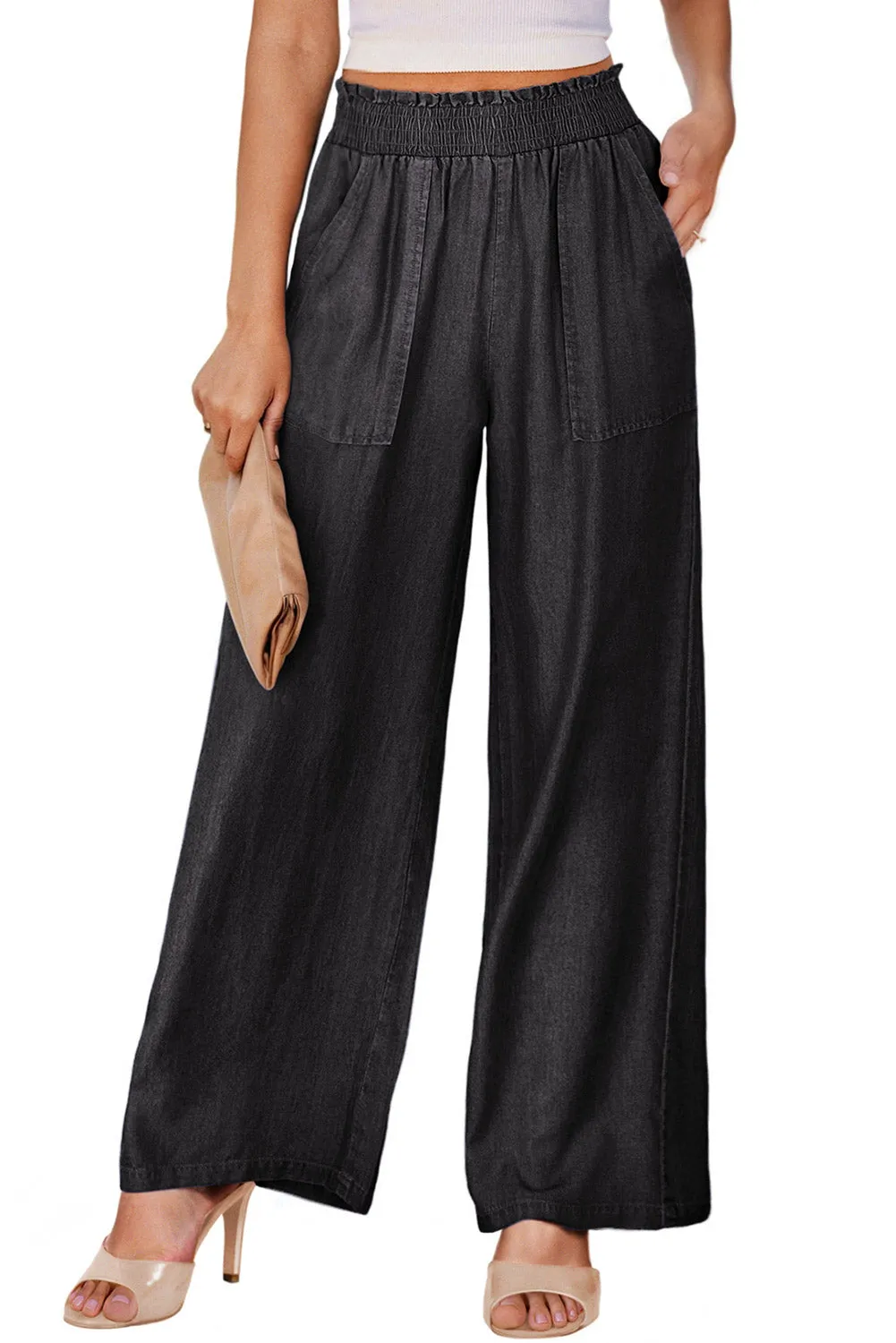 Black Smocked High Waist Wide Leg Jeans (online only)