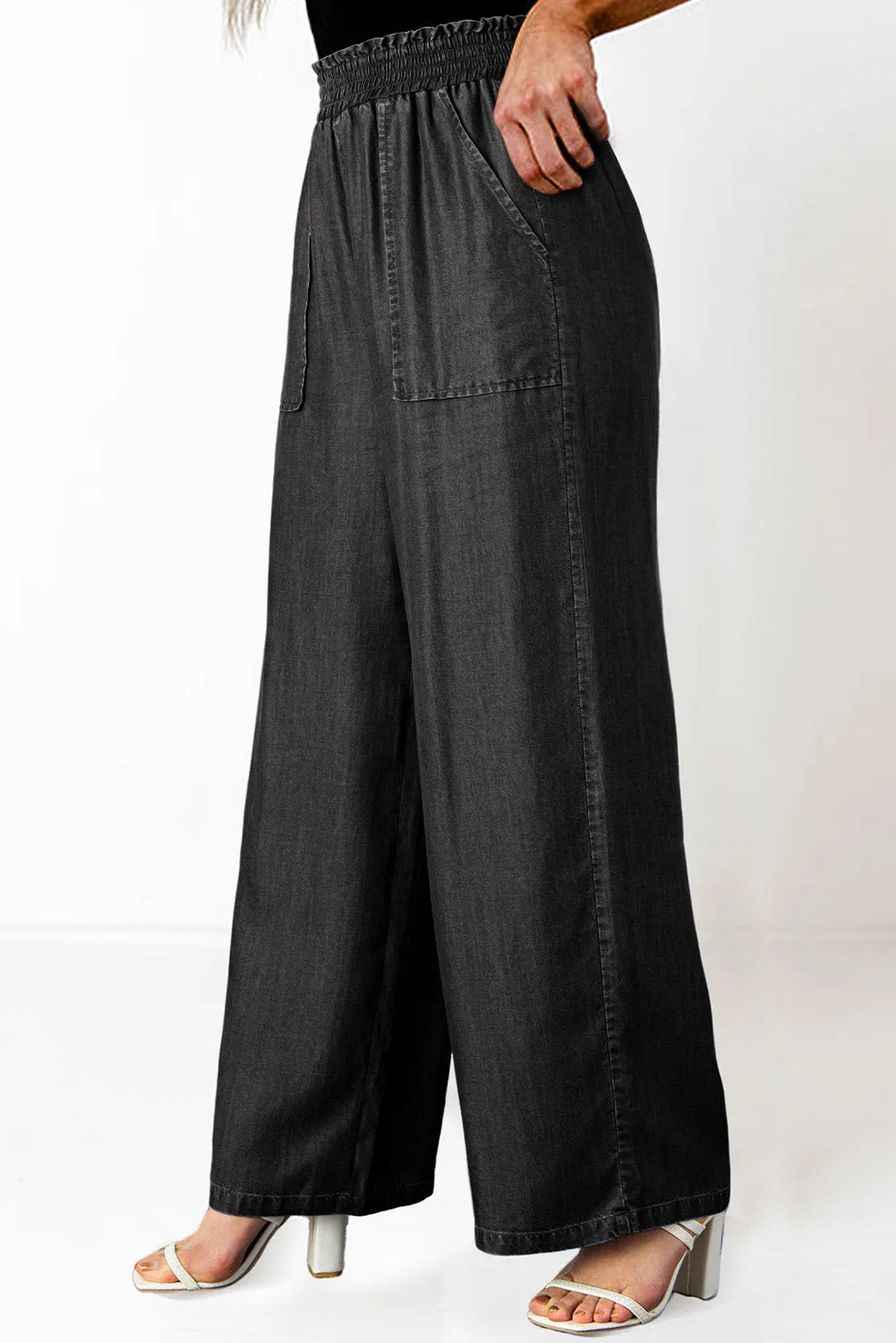Black Smocked High Waist Wide Leg Jeans (online only)