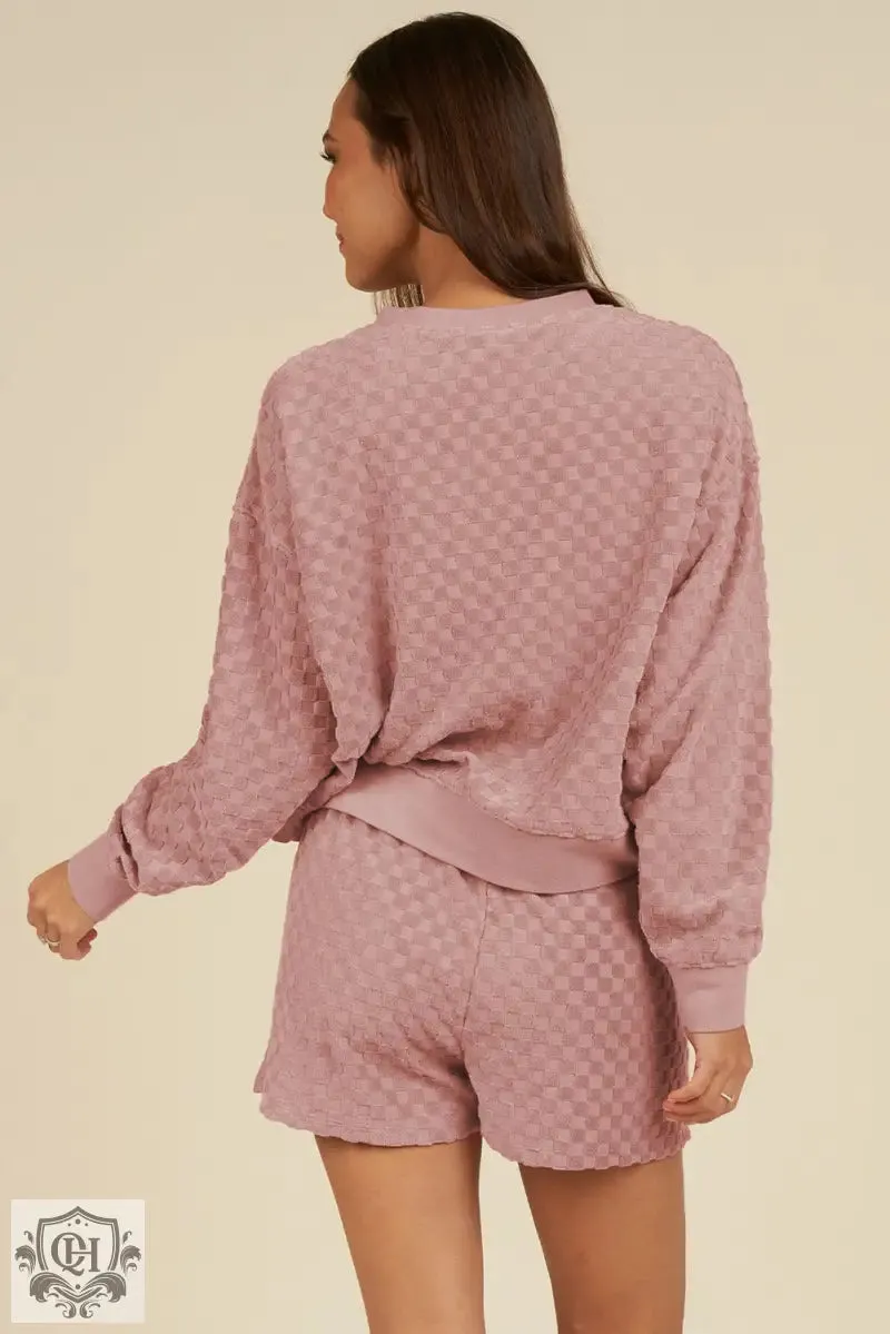Blossom Checkered Textured Long Sleeve Top and Shorts Set