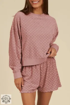 Blossom Checkered Textured Long Sleeve Top and Shorts Set