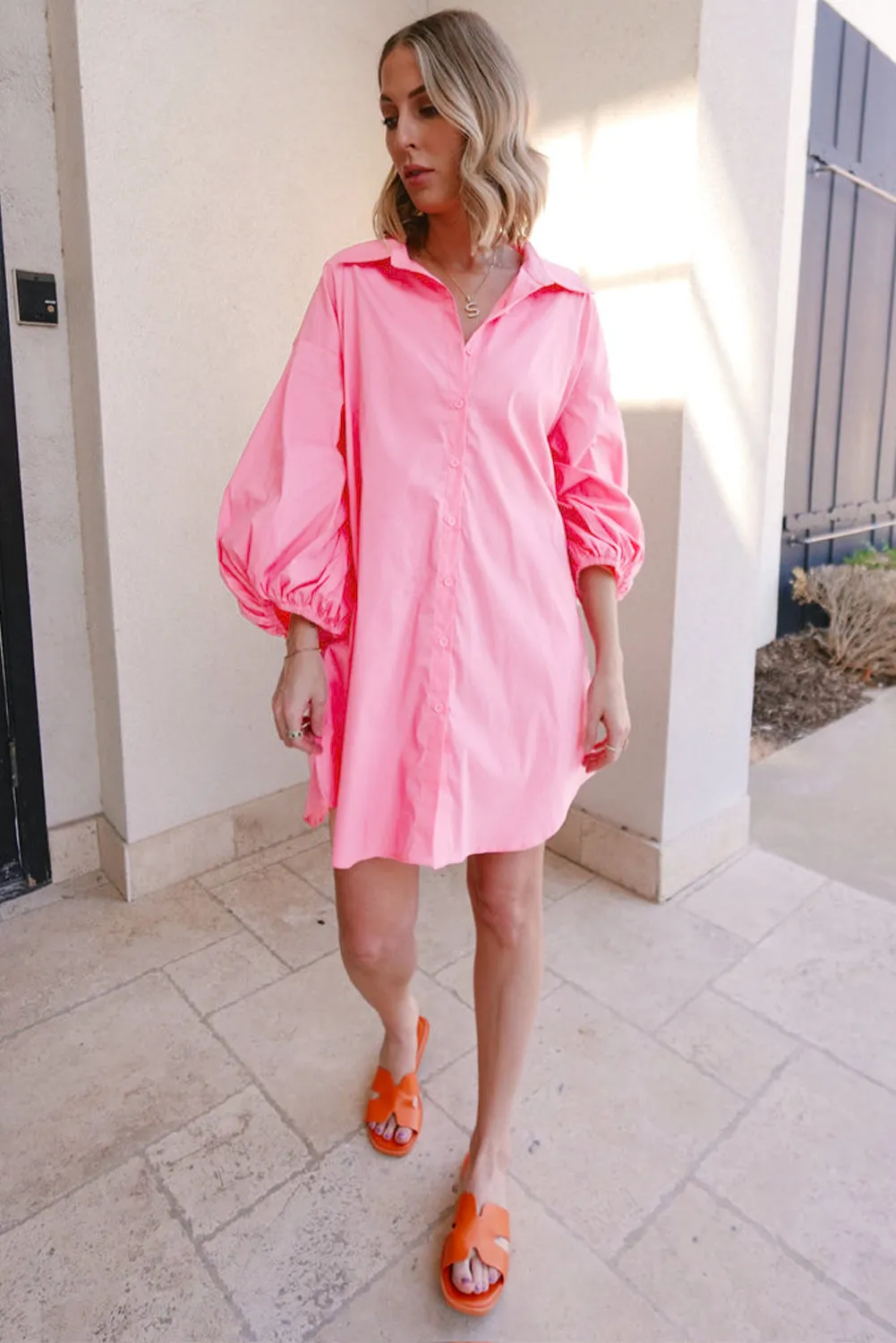 Bright Pink Plain Bishop Sleeve Button Up Shirt Dress (online only)