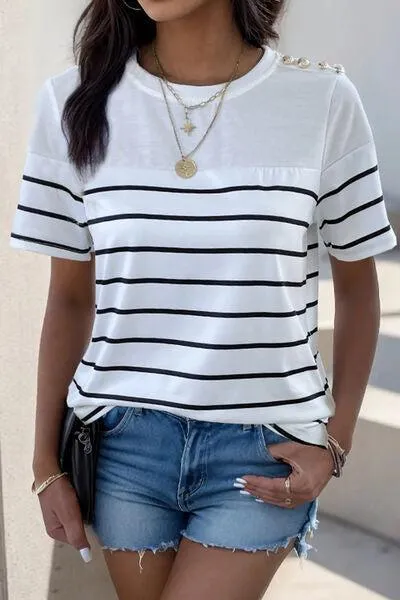 Buttoned Shoulder Short Sleeve Striped T Shirt
