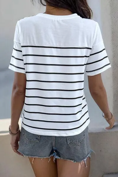 Buttoned Shoulder Short Sleeve Striped T Shirt