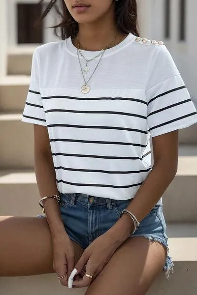 Buttoned Shoulder Short Sleeve Striped T Shirt
