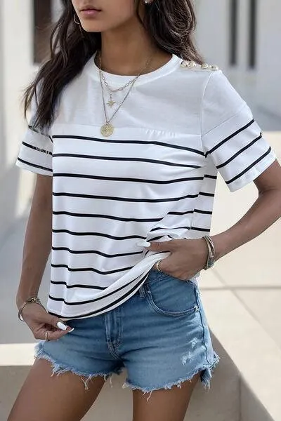 Buttoned Shoulder Short Sleeve Striped T Shirt