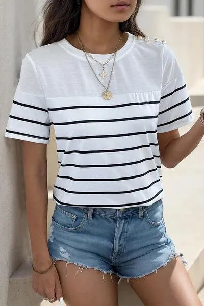 Buttoned Shoulder Short Sleeve Striped T Shirt