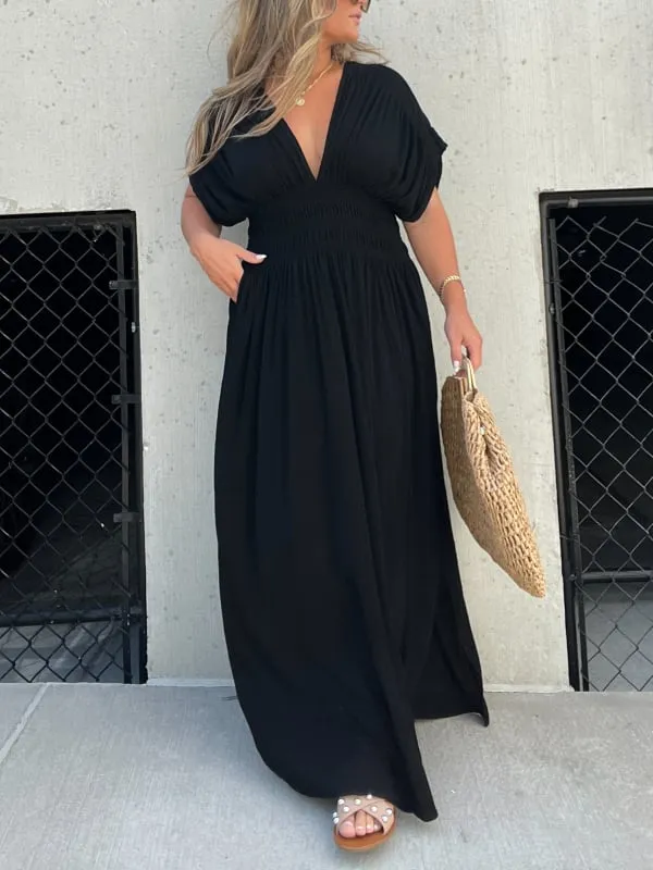 Casual style, V-neck slit ultra-long dress, showcases your elegant temperament!