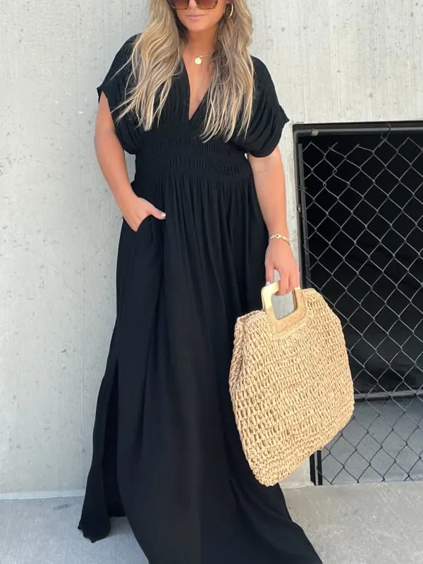 Casual style, V-neck slit ultra-long dress, showcases your elegant temperament!