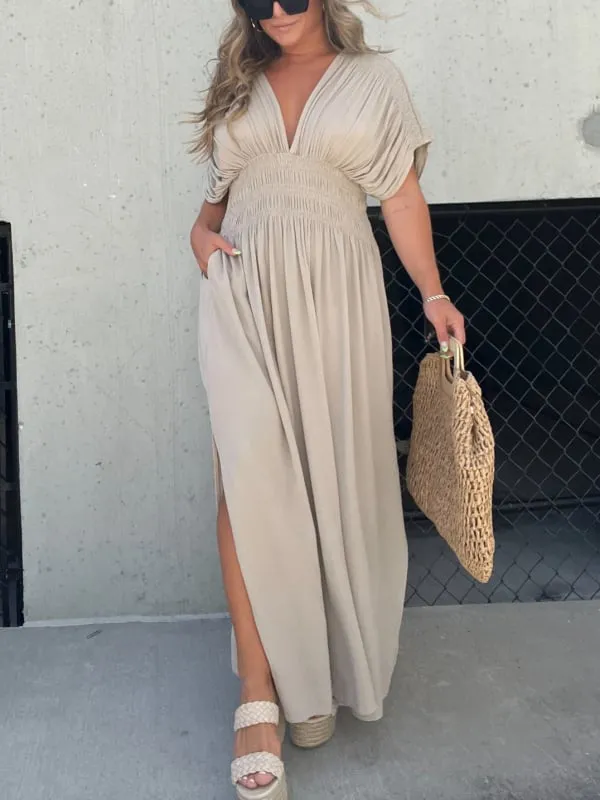 Casual style, V-neck slit ultra-long dress, showcases your elegant temperament!