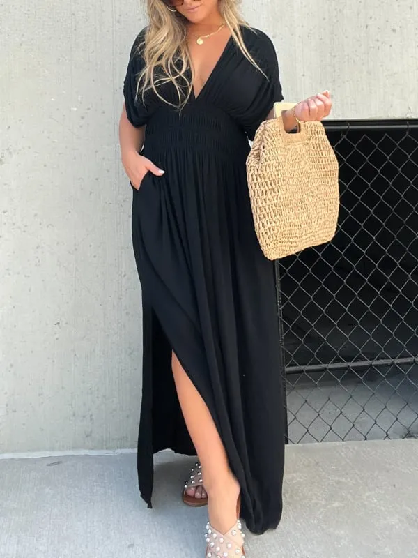 Casual style, V-neck slit ultra-long dress, showcases your elegant temperament!