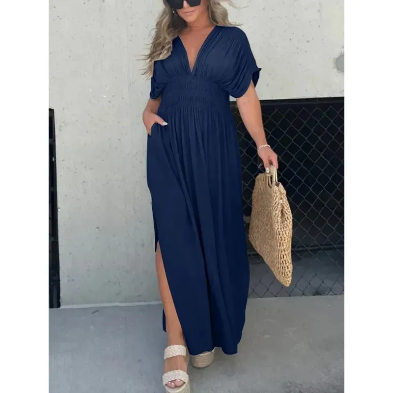 Casual style, V-neck slit ultra-long dress, showcases your elegant temperament!