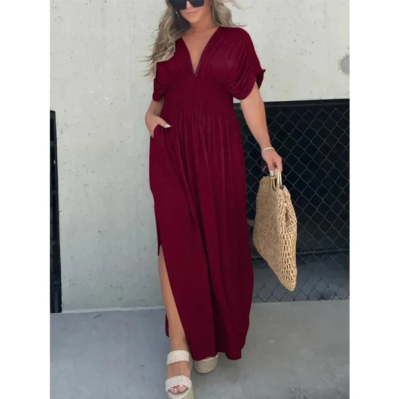 Casual style, V-neck slit ultra-long dress, showcases your elegant temperament!