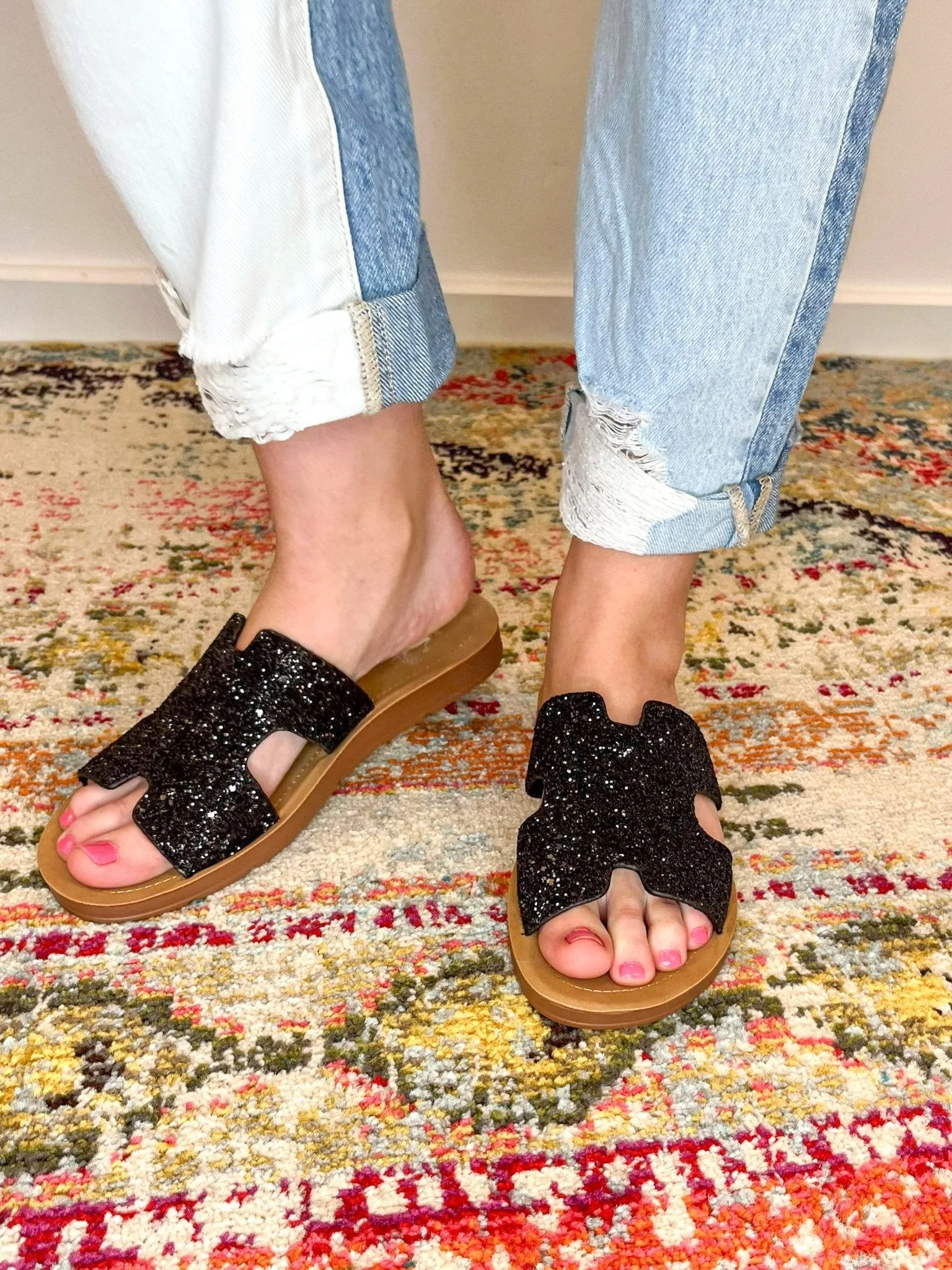 Corky's Footwear Bogalusa Slide Sandal - Black Chunky Glitter