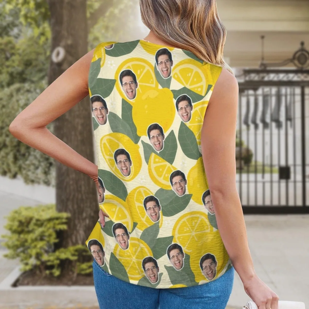 Custom Face Lemon Top Personalized V-Neck Knotted Sleeveless Tank Tops for Women