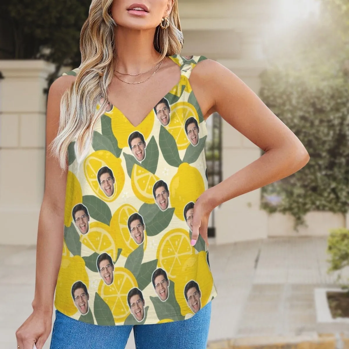 Custom Face Lemon Top Personalized V-Neck Knotted Sleeveless Tank Tops for Women