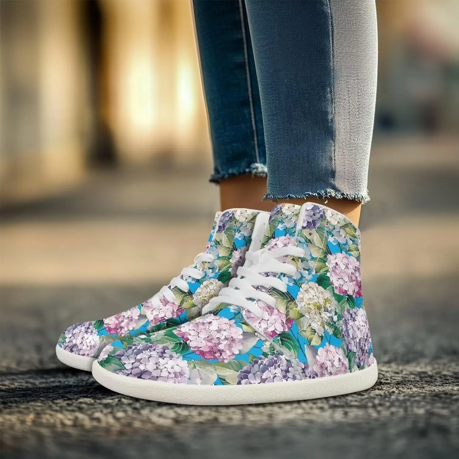 Floral Print Barefoot Sneakers for Women High Top PU Footwear Width Toe Anti-Skid Running Cross Training Shoes