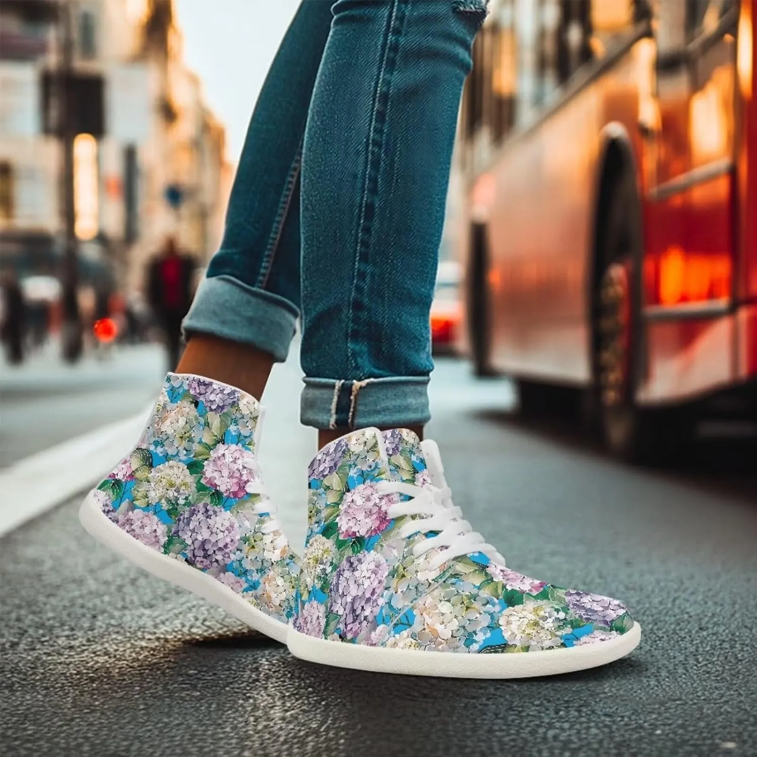 Floral Print Barefoot Sneakers for Women High Top PU Footwear Width Toe Anti-Skid Running Cross Training Shoes