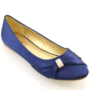 GABRIELA FLAT RUCHED DIAMANTE SPARKLY BROOCH CLASSIC WEDDING BRIDAL BALLERINA PUMPS IN NAVY SATIN