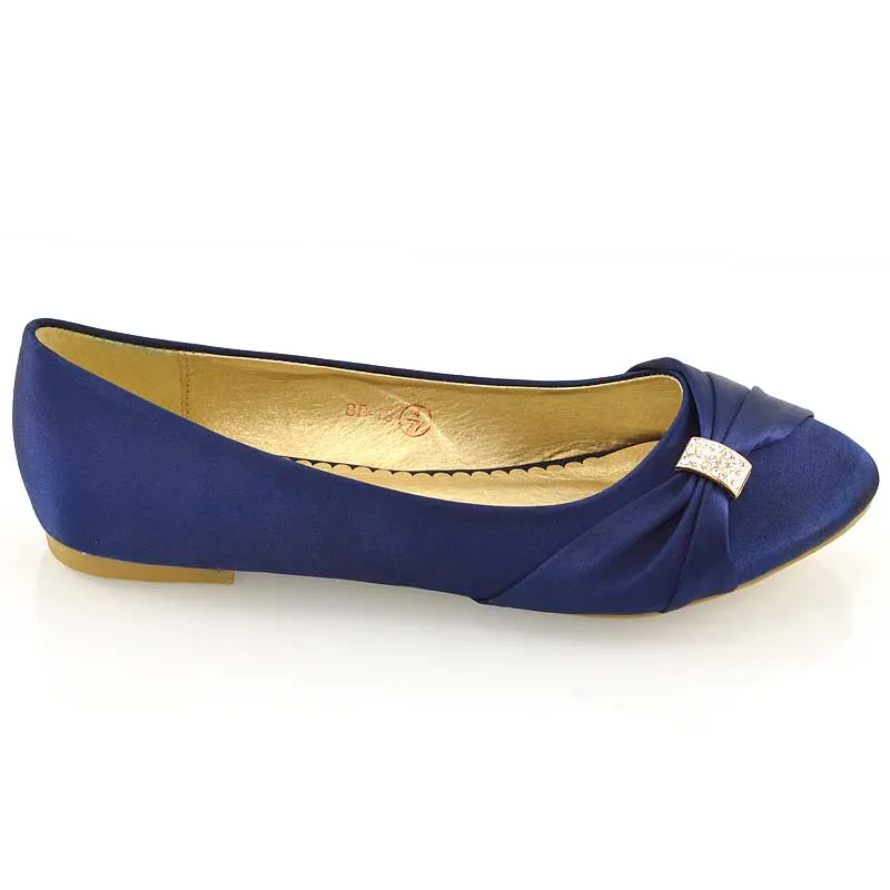 GABRIELA FLAT RUCHED DIAMANTE SPARKLY BROOCH CLASSIC WEDDING BRIDAL BALLERINA PUMPS IN NAVY SATIN