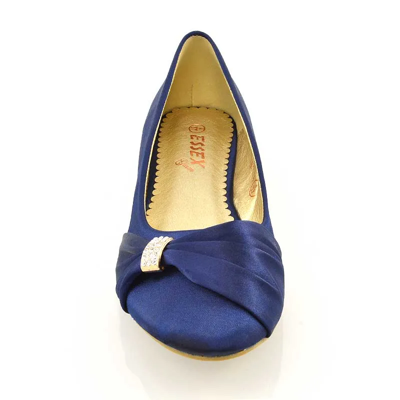 GABRIELA FLAT RUCHED DIAMANTE SPARKLY BROOCH CLASSIC WEDDING BRIDAL BALLERINA PUMPS IN NAVY SATIN