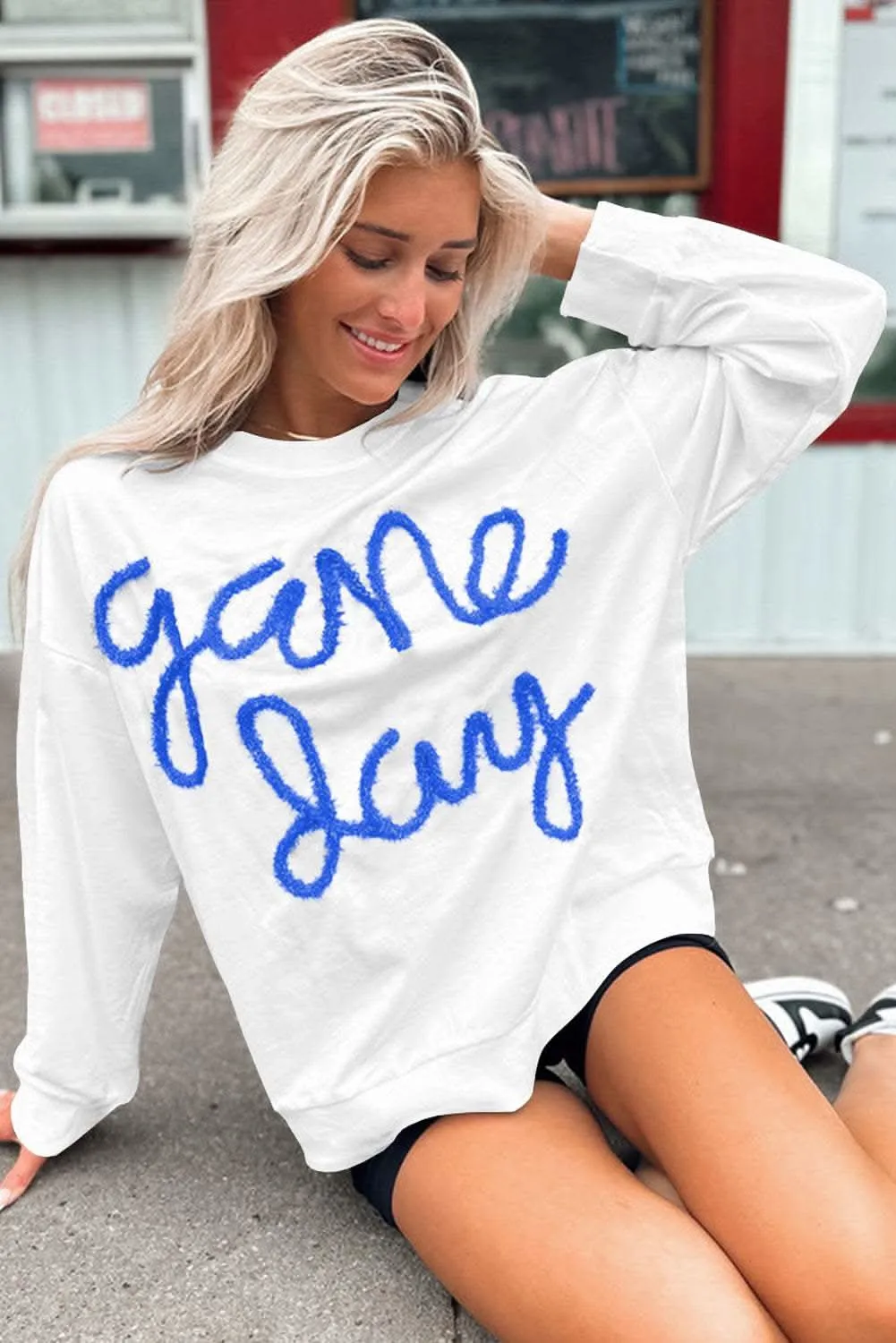 Gameday vibes white tinsel sweatshirt
