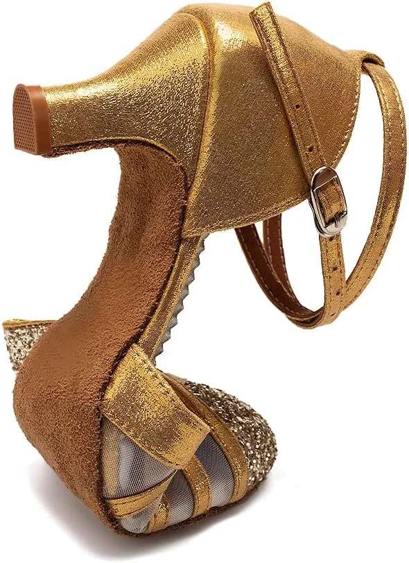 HIPPOSEUS Women's Closed Toe Latin Ballroom Dance Shoes Sequin Salsa Tango Scocial Practice Dancer Shoes,Model 105