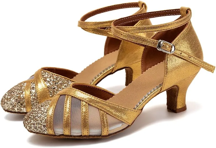 HIPPOSEUS Women's Closed Toe Latin Ballroom Dance Shoes Sequin Salsa Tango Scocial Practice Dancer Shoes,Model 105