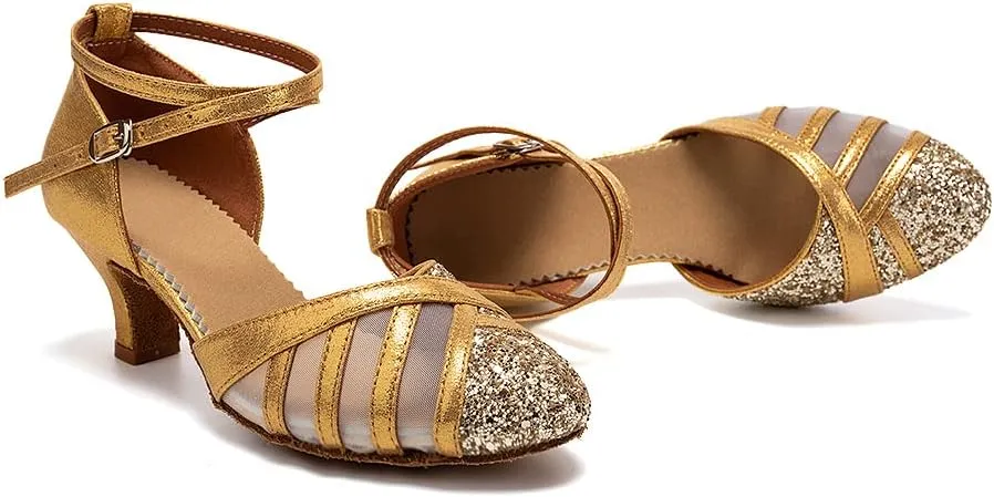 HIPPOSEUS Women's Closed Toe Latin Ballroom Dance Shoes Sequin Salsa Tango Scocial Practice Dancer Shoes,Model 105