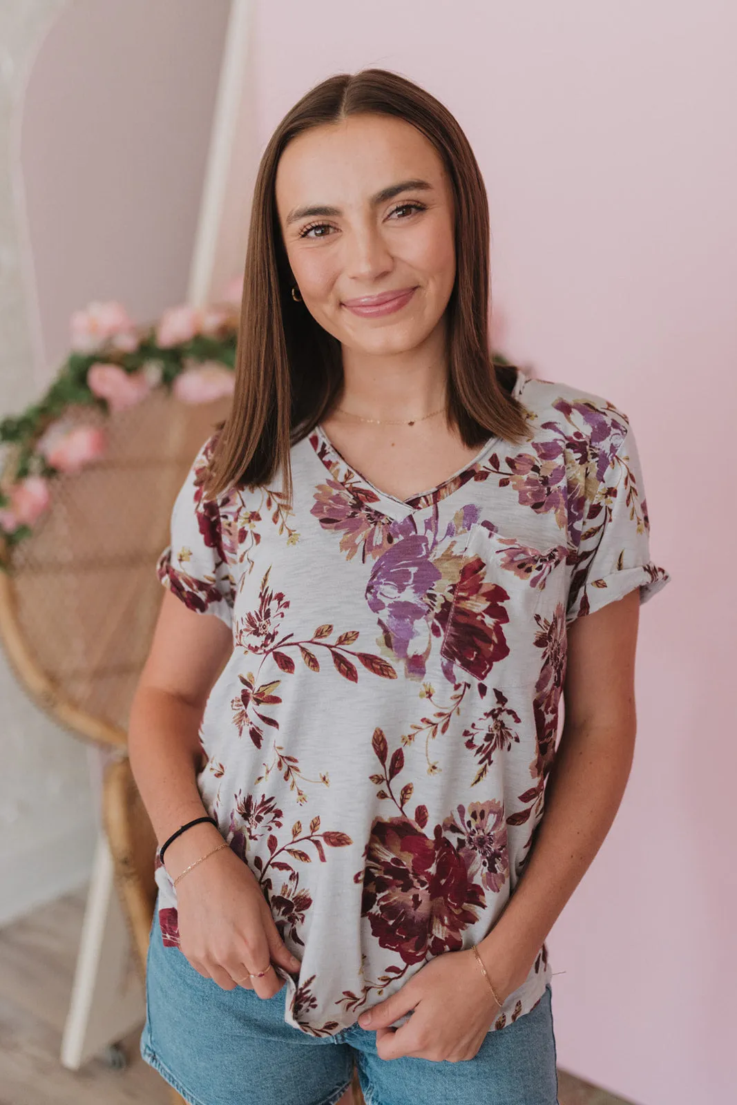 In Full Bloom Dusty Blue Floral Pocket Tee