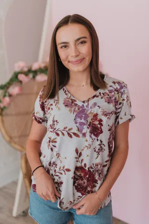 In Full Bloom Dusty Blue Floral Pocket Tee